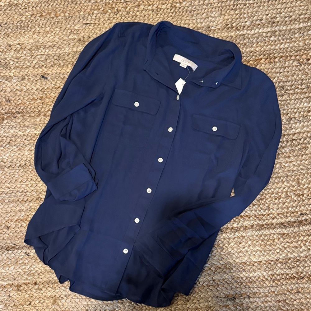 LOFT Navy Button-Up Blouse